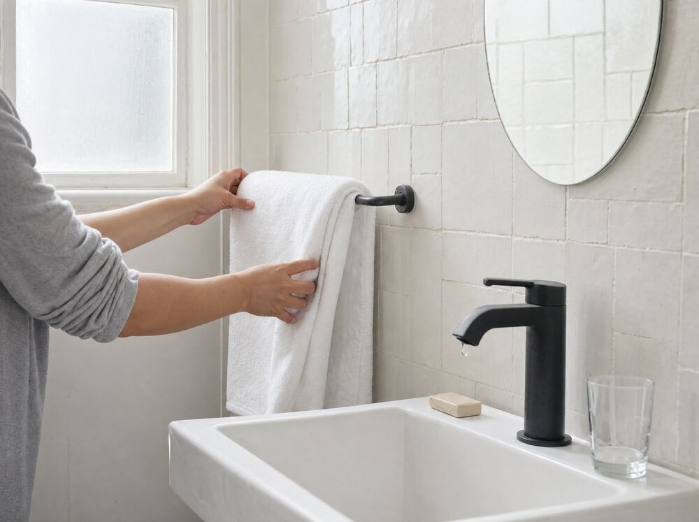 Handen hangen een witte handdoek over een zwart handdoekrek in een lichte badkamer met witte tegels
