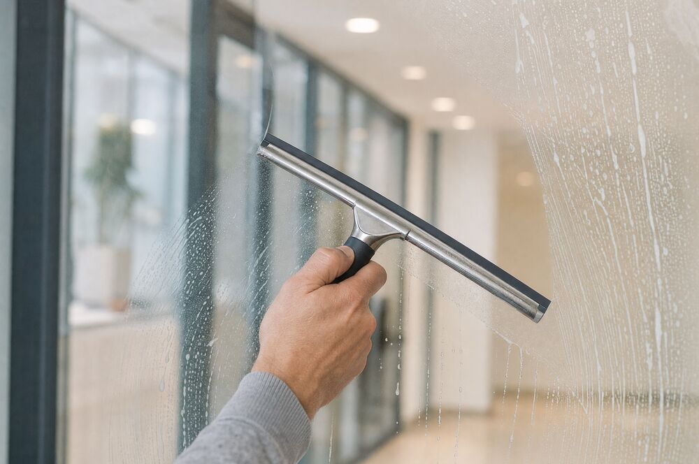 Hand met een RVS-raamwisser trekt een schone baan over een ingezeepte glazen wand in een kantoorgang