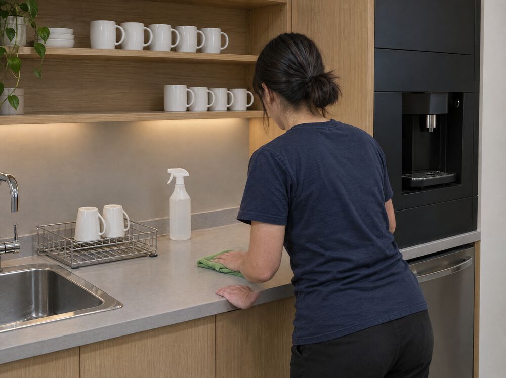Schoonmaker neemt het aanrecht af in een kantoorpantry met open planken vol witte bekers
