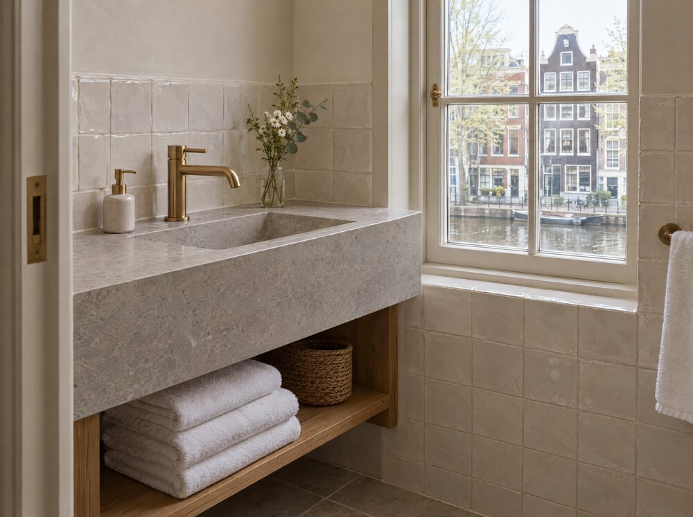 Schone hotelbadkamer met natuurstenen wastafel, messing kraan en gevouwen witte handdoeken op een eiken plank