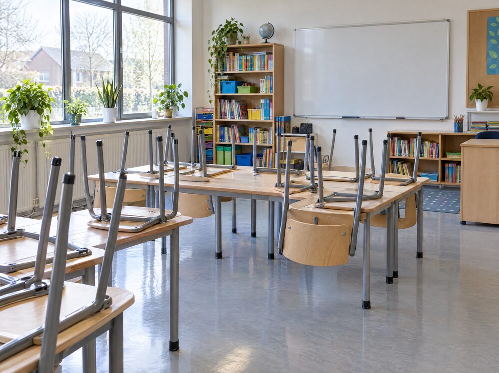 Opgeruimd klaslokaal met opgestapelde stoelen op de tafels en een net gedweilde vloer
