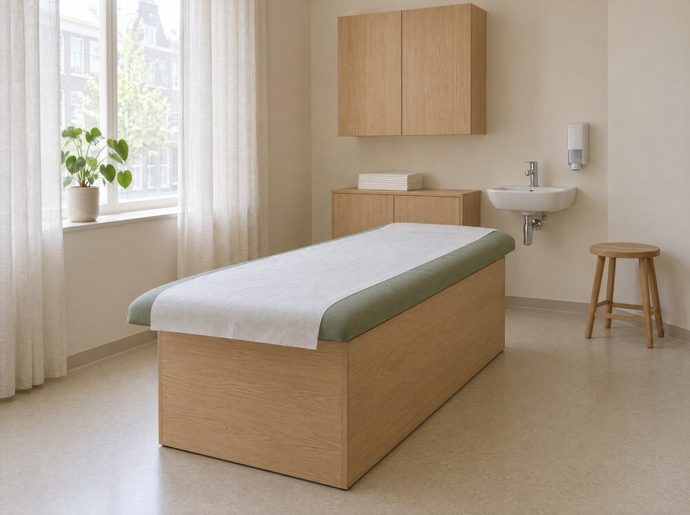Rustige behandelkamer met een behandeltafel met schoon papier, een wastafel met zeepdispenser en een eiken kast