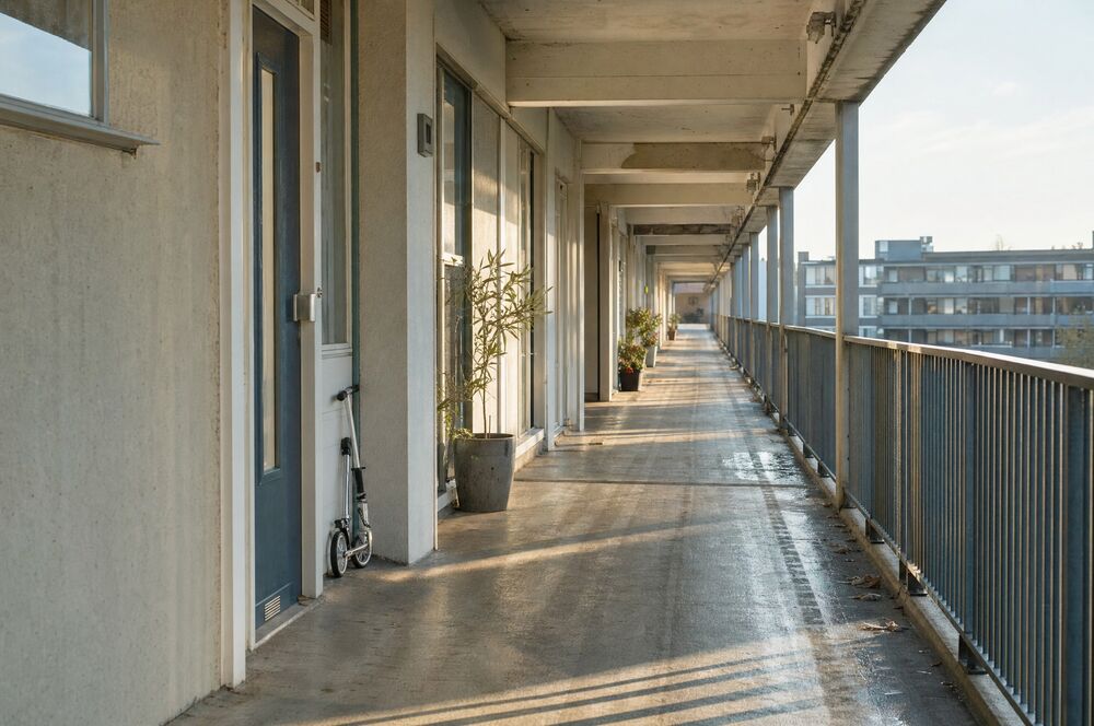 Lege galerij van een Amsterdams flatgebouw in laag ochtendlicht, met natte vegen op de betonvloer