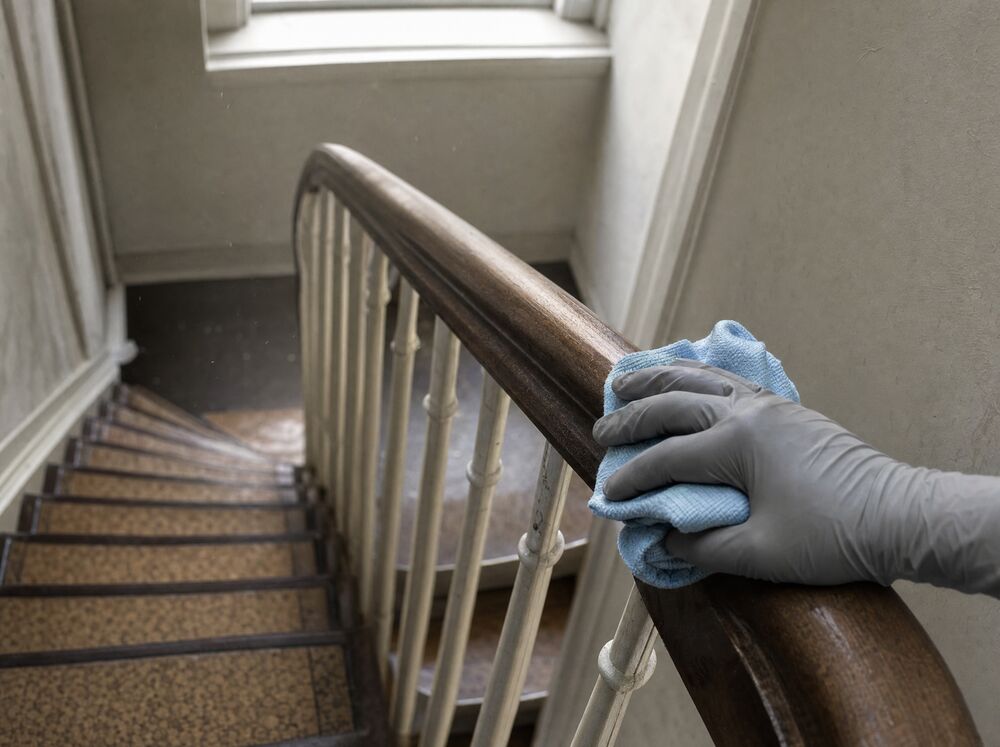 Hand in een grijze werkhandschoen poetst met een blauwe microvezeldoek de houten trapleuning van een oud trappenhuis