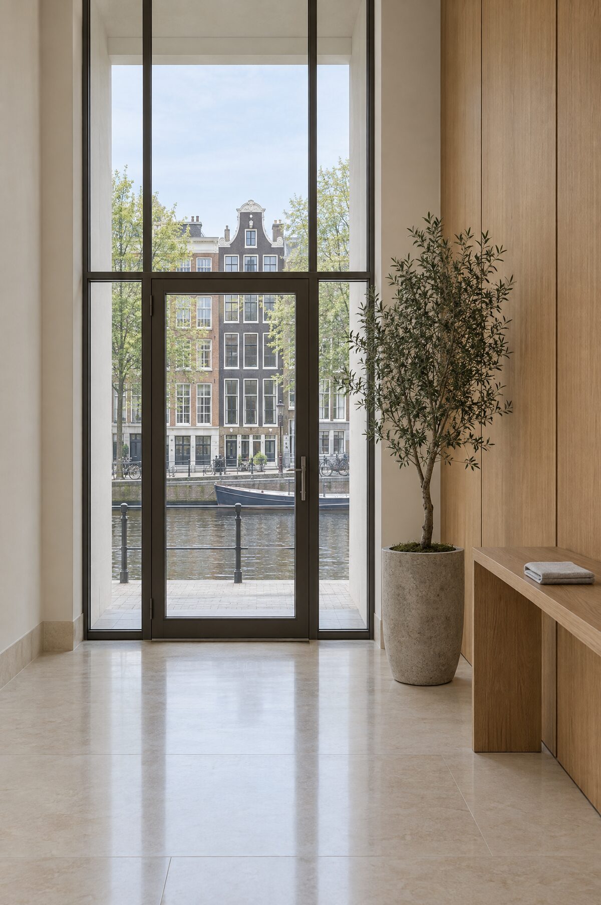 Lichte entree van een Amsterdams grachtenpand met glazen deur, natuursteen vloer en een olijfboom