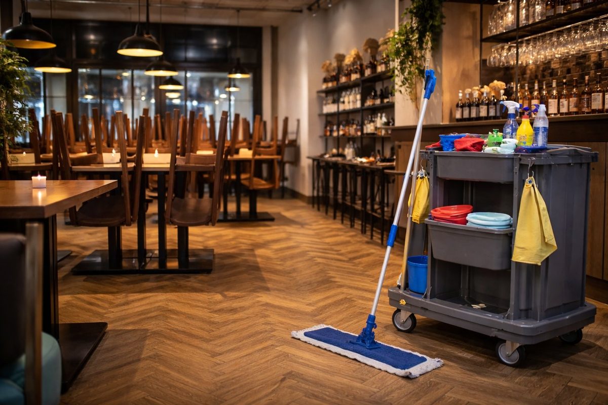 Schoonmaakkar met materialen in restaurant na sluitingstijd